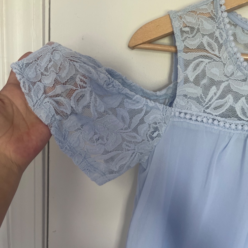As U Wish Summer Baby Blue Lace Top Cut Out Sleeves Babydoll Dress - Picture 4 of 6
